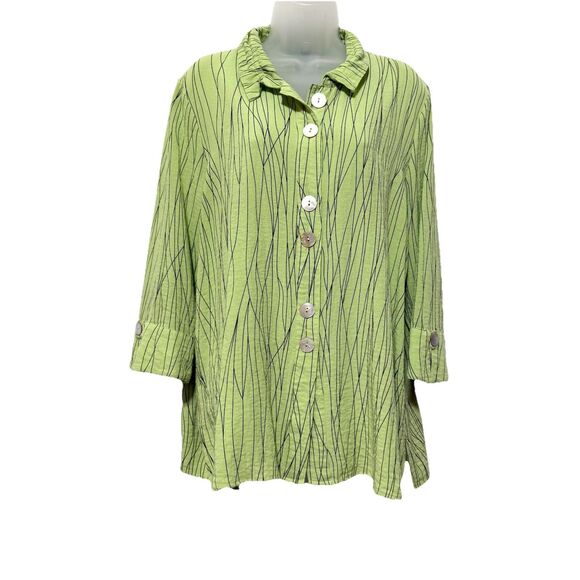 Ali Miles Tops - Ali Miles Green Pearl Buttons 3/4 Sleeve Standup Collar Size L